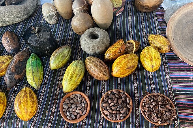 Cacao pods and beans laid out on woven cloth beside stone grinders